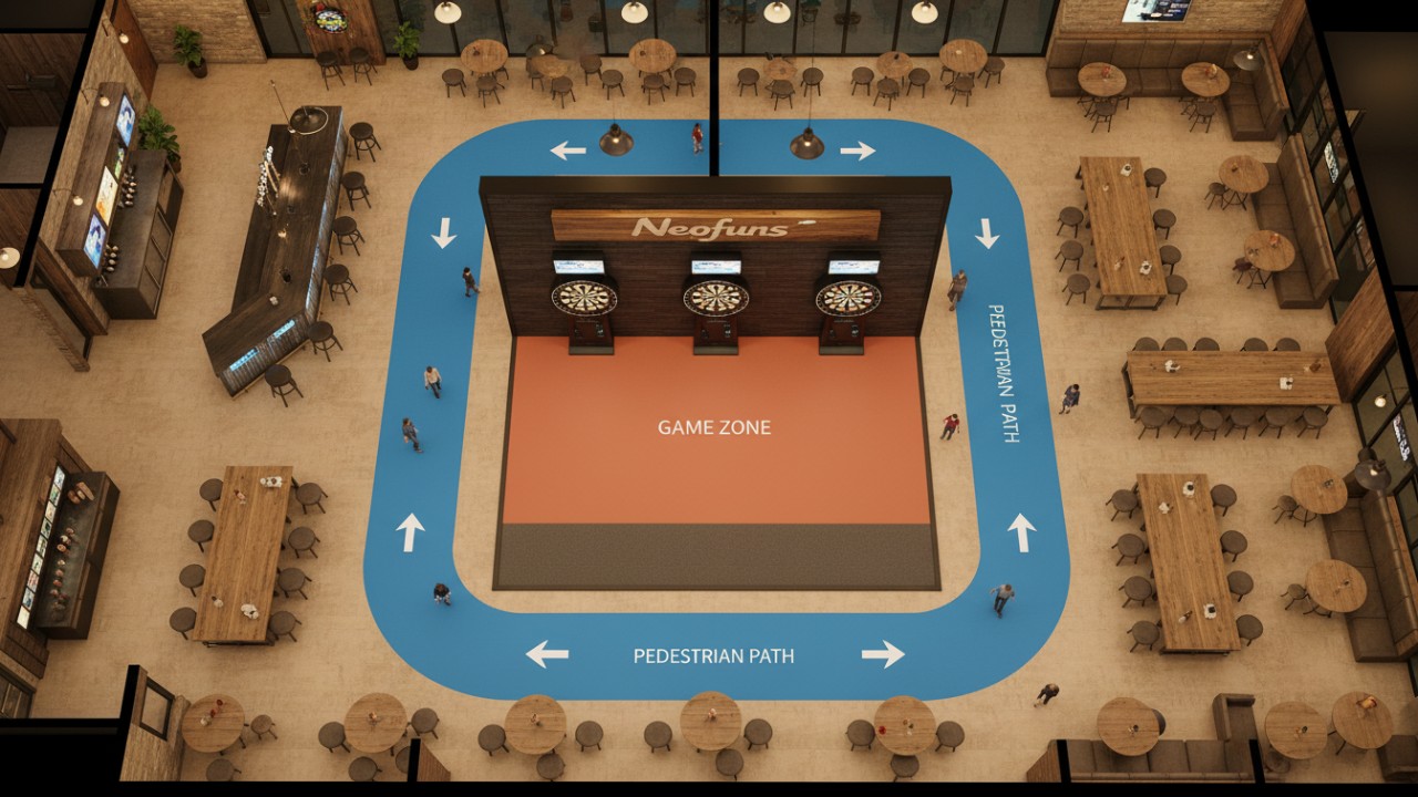 A 3D floor plan visualization of a sports bar showing optimized traffic flow and a dedicated Neofuns game zone to avoid common layout mistakes.