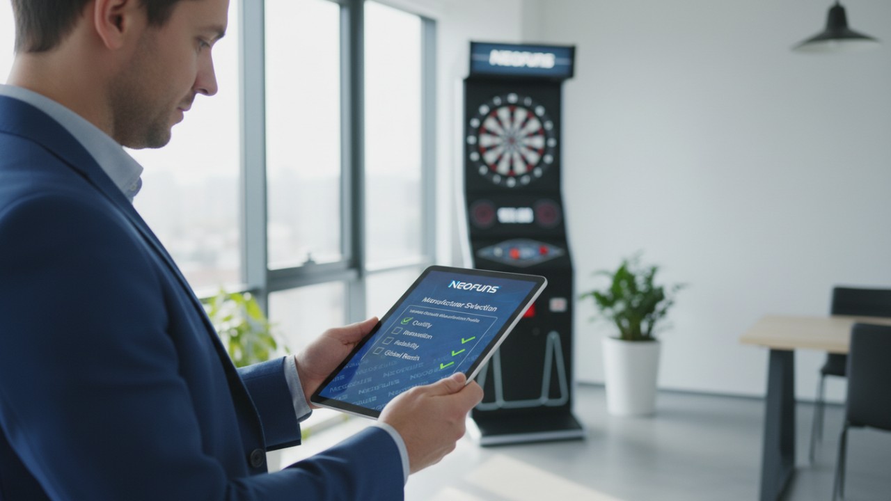 A business professional reviewing a manufacturer checklist on a tablet featuring the Neofuns logo with a high quality dart machine in the background