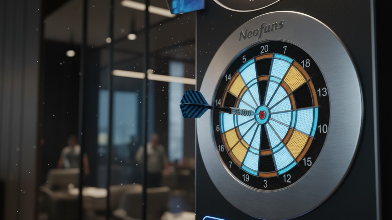 A close-up view of a dart hitting the bullseye on a premium Neofuns electronic dartboard with glowing LED lights. A close-up view of a dart hitting the bullseye on a premium Neofuns electronic dartboard with glowing LED lights.