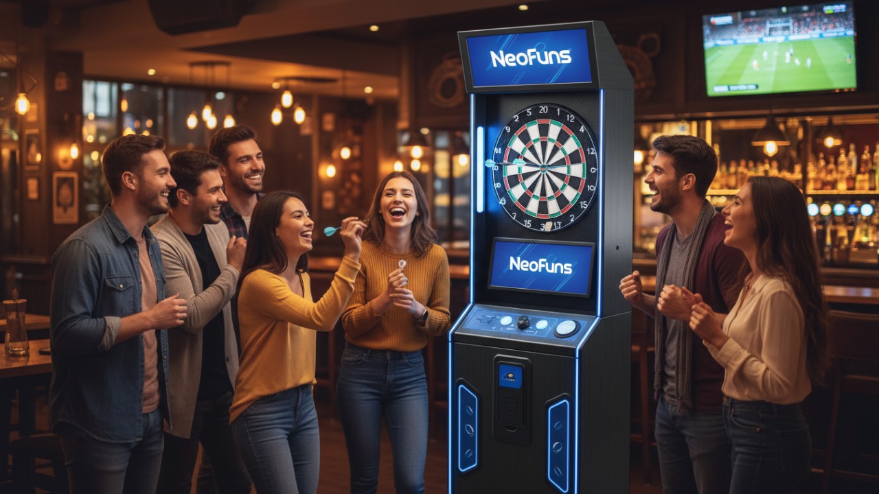 A group of friends playing on a modern Neofuns commercial electronic dart machine in a busy sports bar setting
