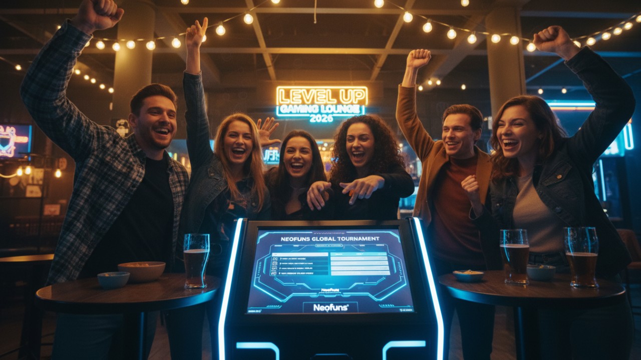 A group of happy patrons playing on a Neofuns networked dart machine in a modern sports bar setting.