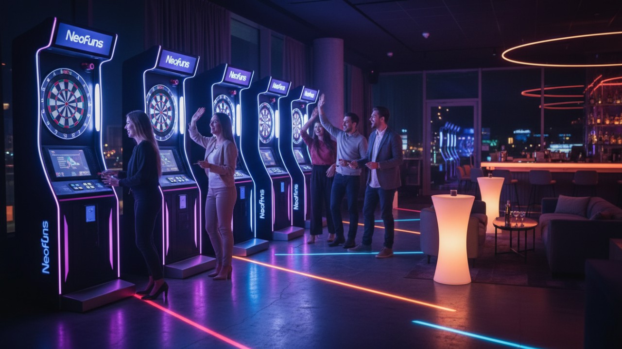 A group of people playing on Neofuns branded electronic dart machines in a vibrant modern arcade bar setting
