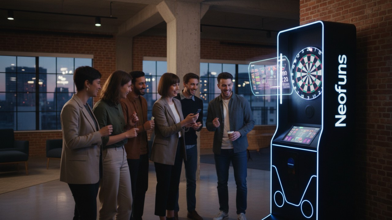 A group of young professionals using their smartphones to interact with a Neofuns smart dart machine in a stylish workplace.