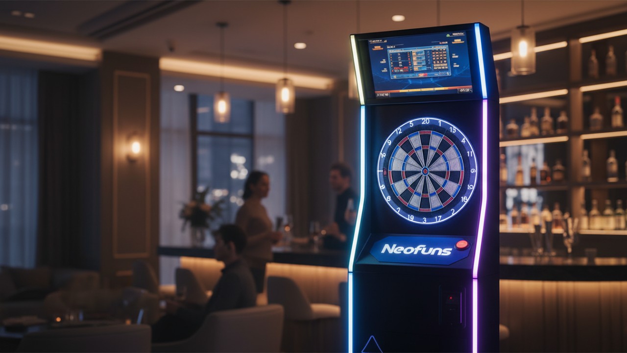 A high-quality Neofuns commercial electronic dart machine with an integrated digital screen and glowing LED accents. A high-quality Neofuns commercial electronic dart machine with an integrated digital screen and glowing LED accents.