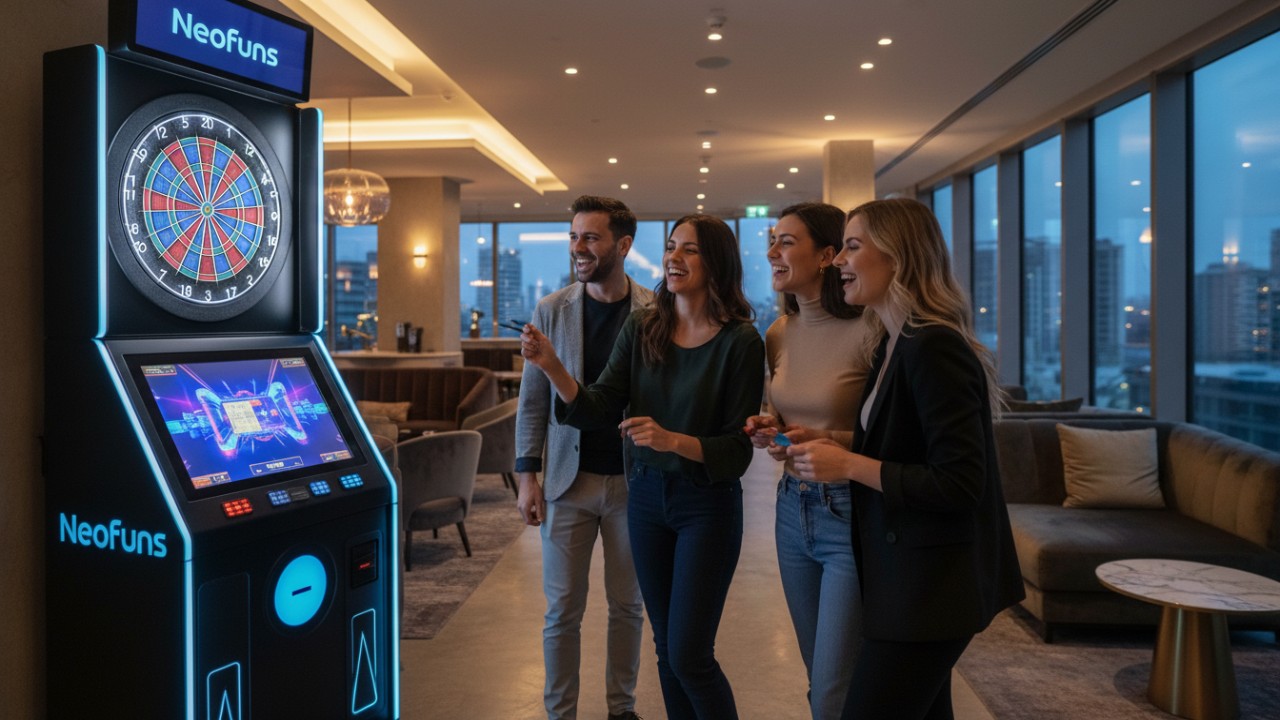 A high tech digital dartboard with vibrant LED lighting and a touchscreen display branded with Neofuns in a modern hotel social hub