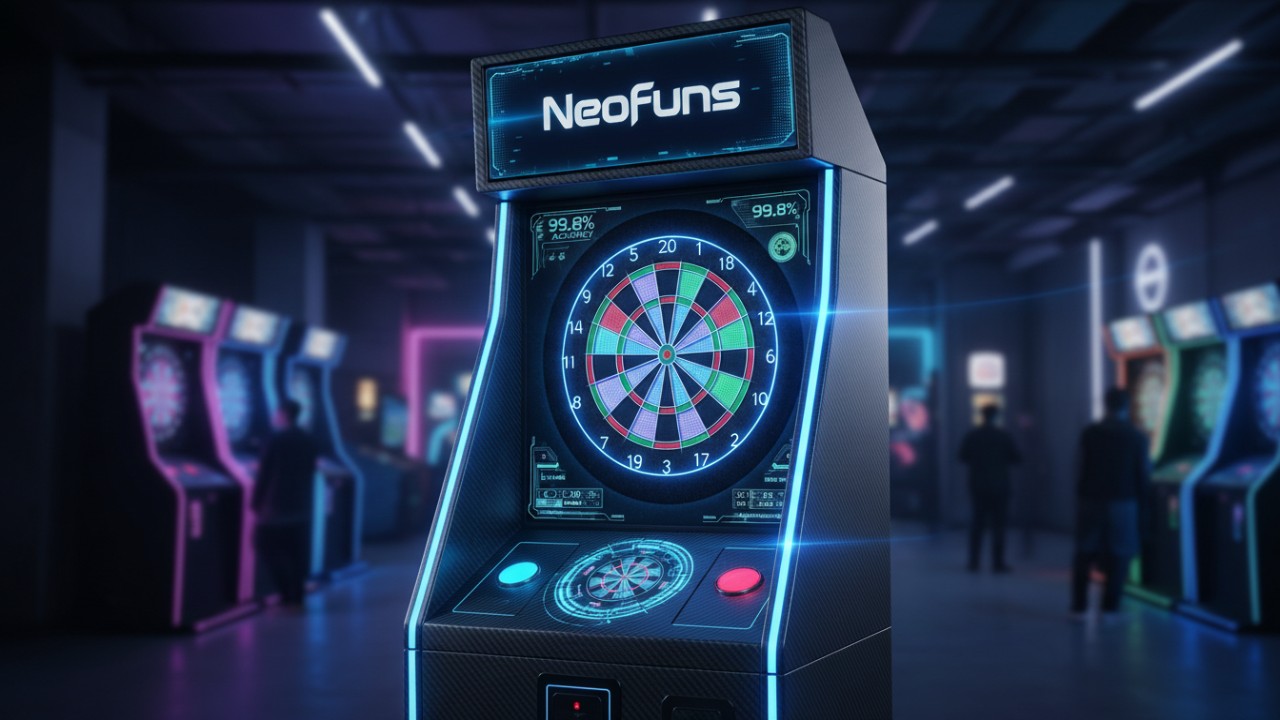 A premium Neofuns commercial dart machine with a glowing LED display showing performance data in a modern arcade setting.