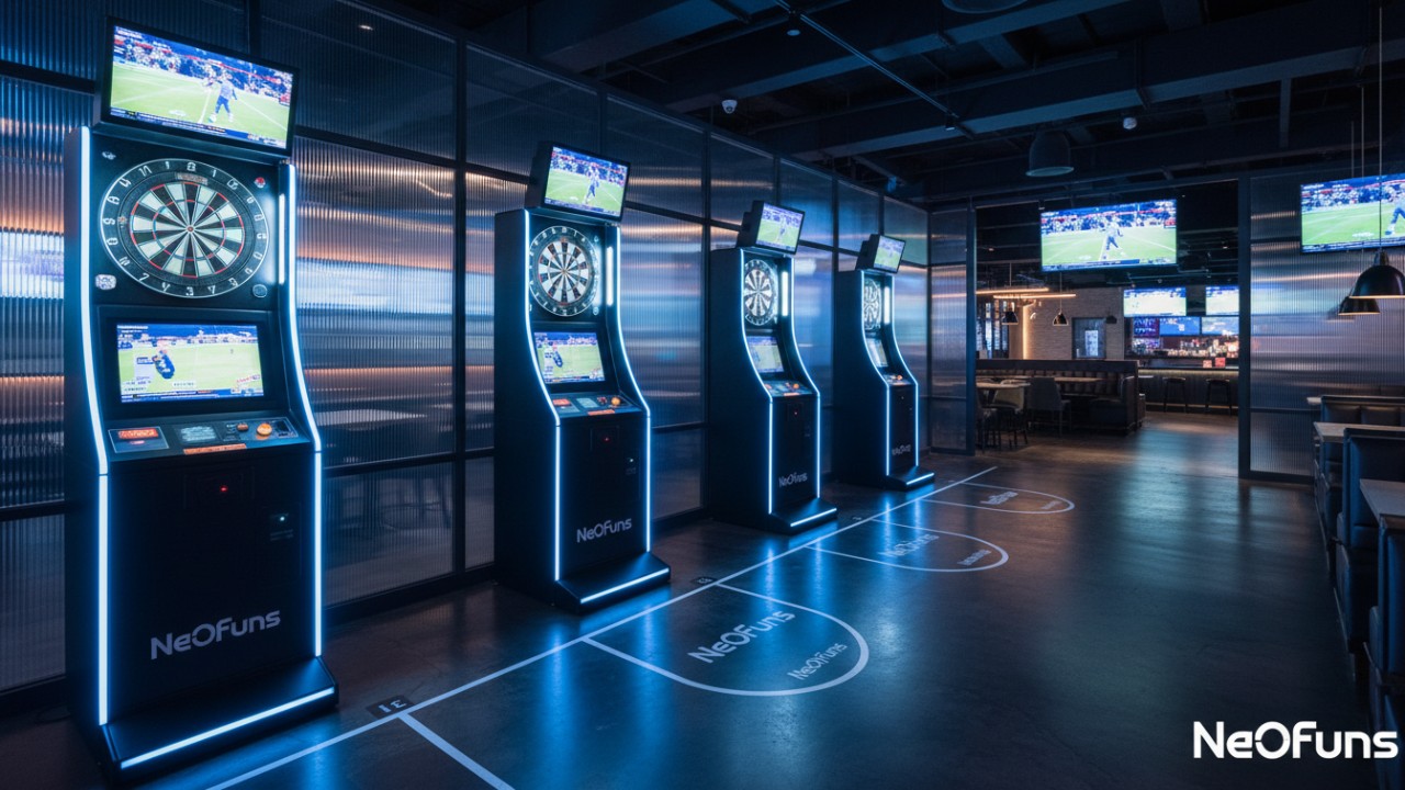A professional sports bar layout featuring multiple Neofuns digital dart machines with perfect spacing and clear floor markings for player safety.