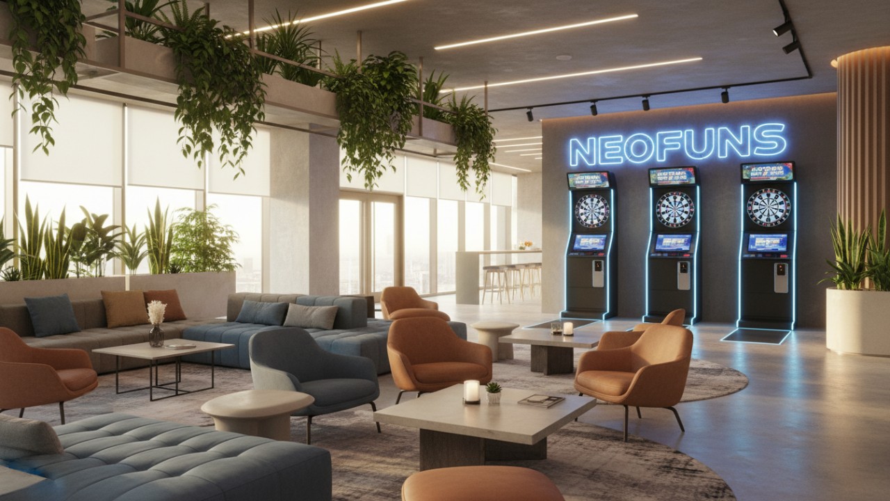 A sophisticated office lounge featuring a row of Neofuns electronic dart machines and modern decor.
