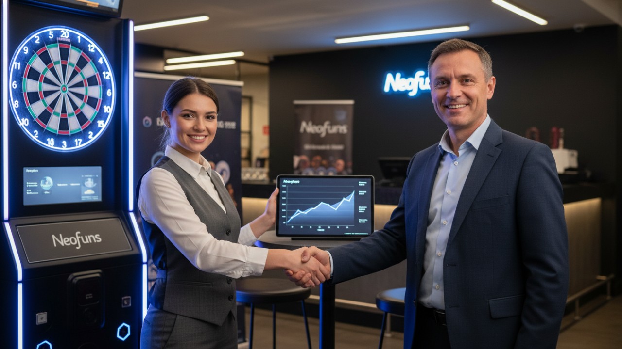 A successful business partnership depicted by two people shaking hands next to a branded Neofuns dart machine
