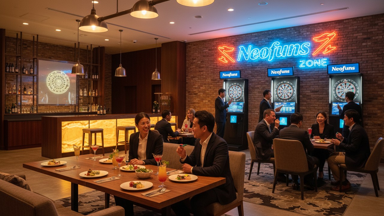 A thriving hotel lobby bar scene where guests are enjoying a social evening with Neofuns digital dart stations in a lively atmosphere