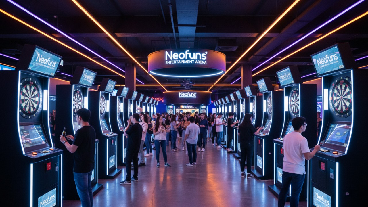 A thriving modern arcade filled with high-performance Neofuns dart machines and happy players, representing business success.