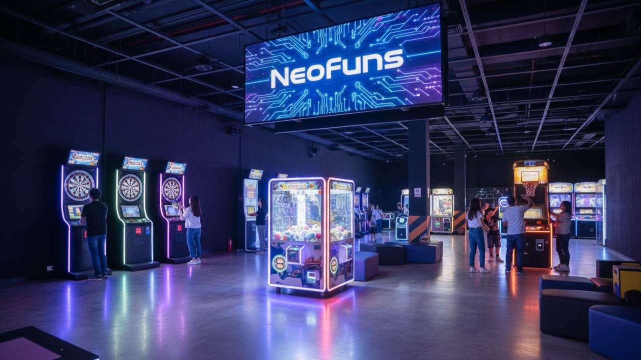 An entertainment center filled with various Neofuns gaming machines including electronic dartboards and claw machines to maximize business revenue
