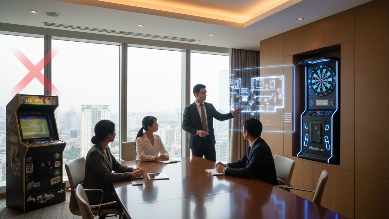 An expert hotel consultant discussing amusement technology placement with a premium Neofuns dart machine correctly integrated into a luxury floor plan