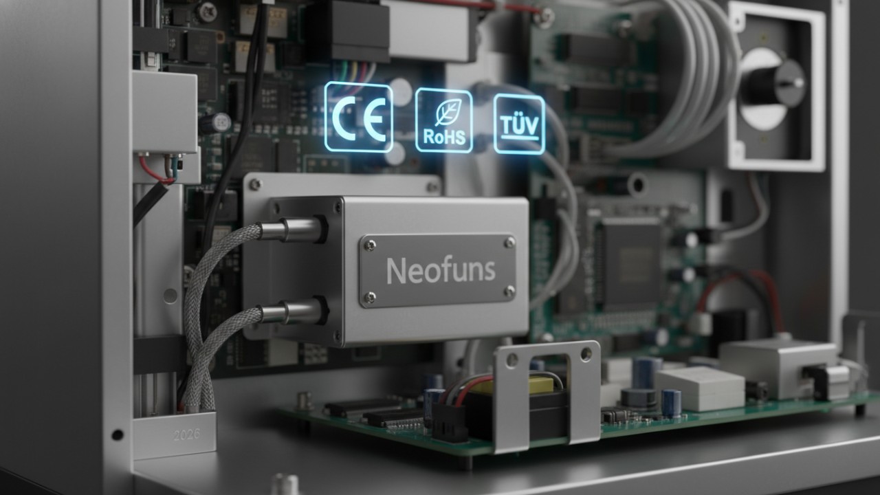 Futuristic display of international safety certifications like CE and RoHS floating next to a Neofuns branded dart machine component.