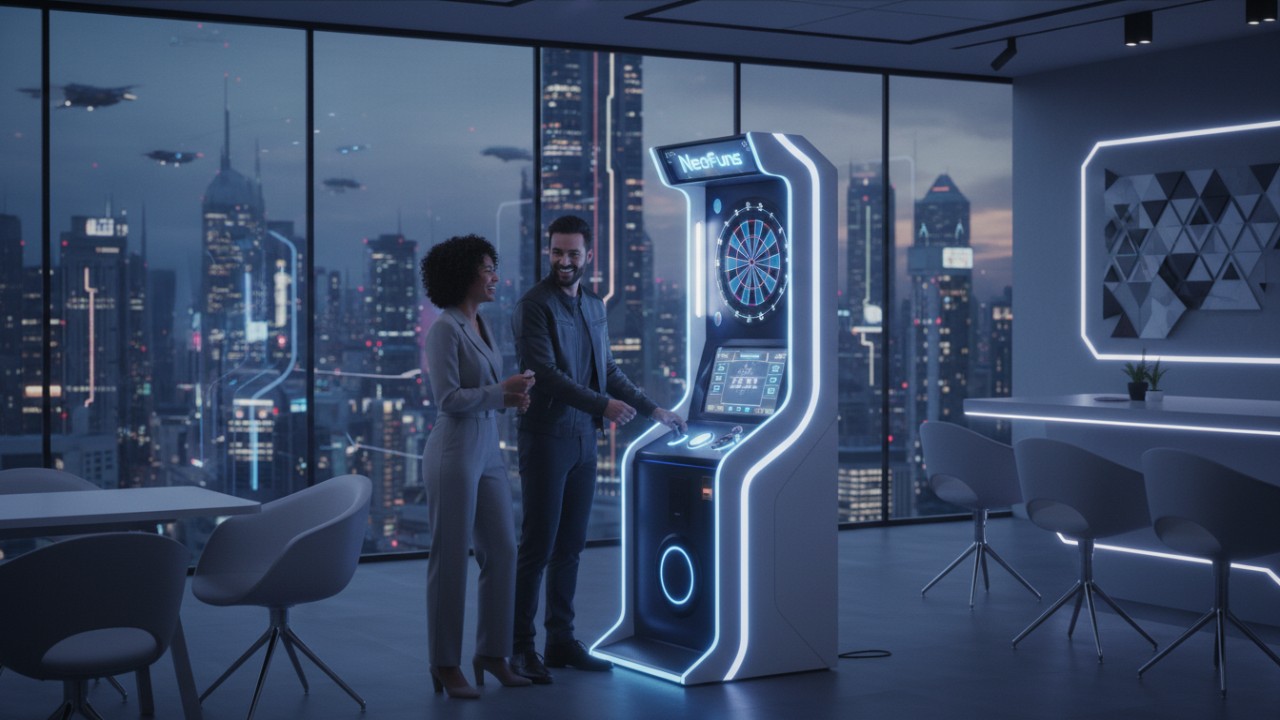 Two tech employees playing on a digital Neofuns dart machine in a modern office breakroom with a city view.