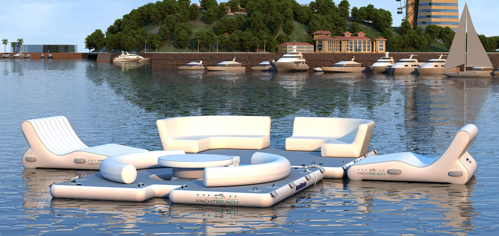 Floating inflatable dock with modular seating and table for relaxing on the water.