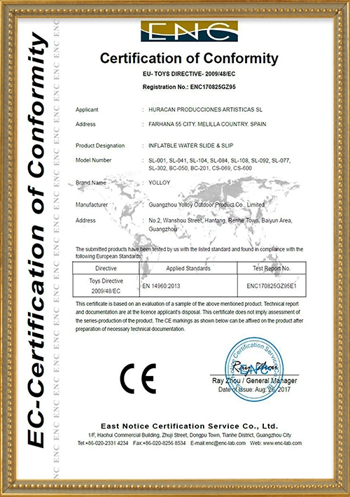 EN-14960 CERTIFICATE FOR INFLATABLE TOYS