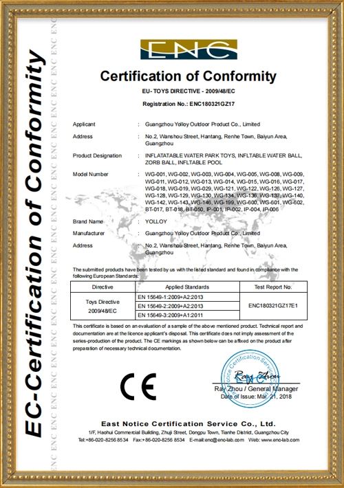 Certificado EN-15649 para juguetes inflables