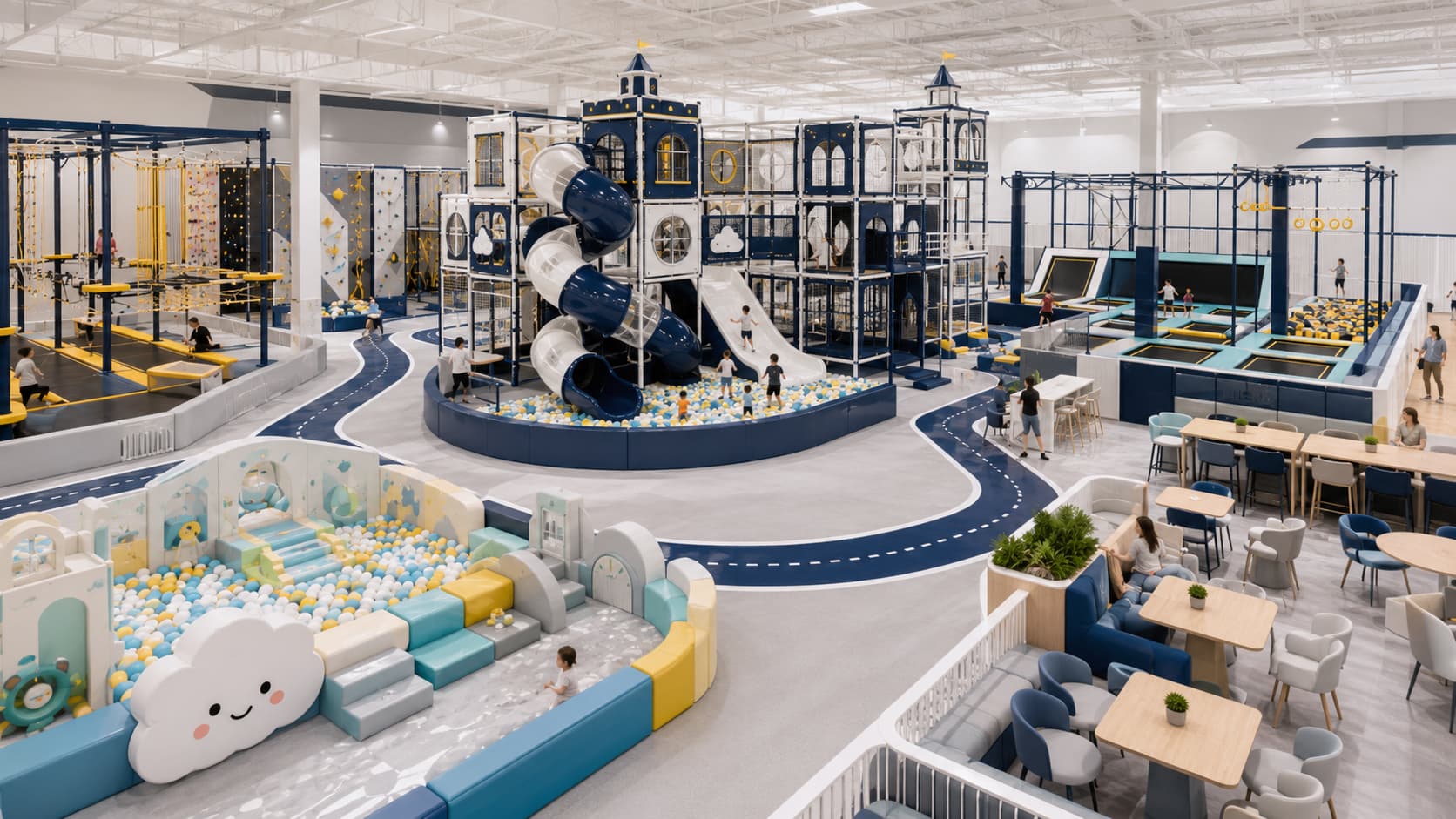 Balanced family entertainment center layout with indoor playground, soft play, trampoline, challenge zone, parent seating, and clear circulation paths