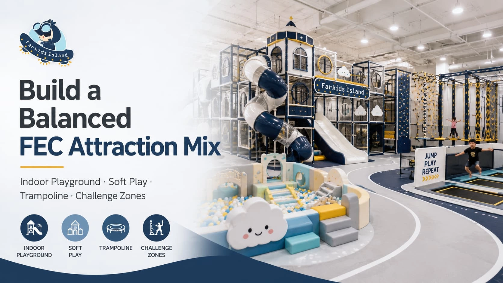 Balanced FEC attraction mix with indoor playground, soft play, trampoline, and challenge zones - Far Kids Island