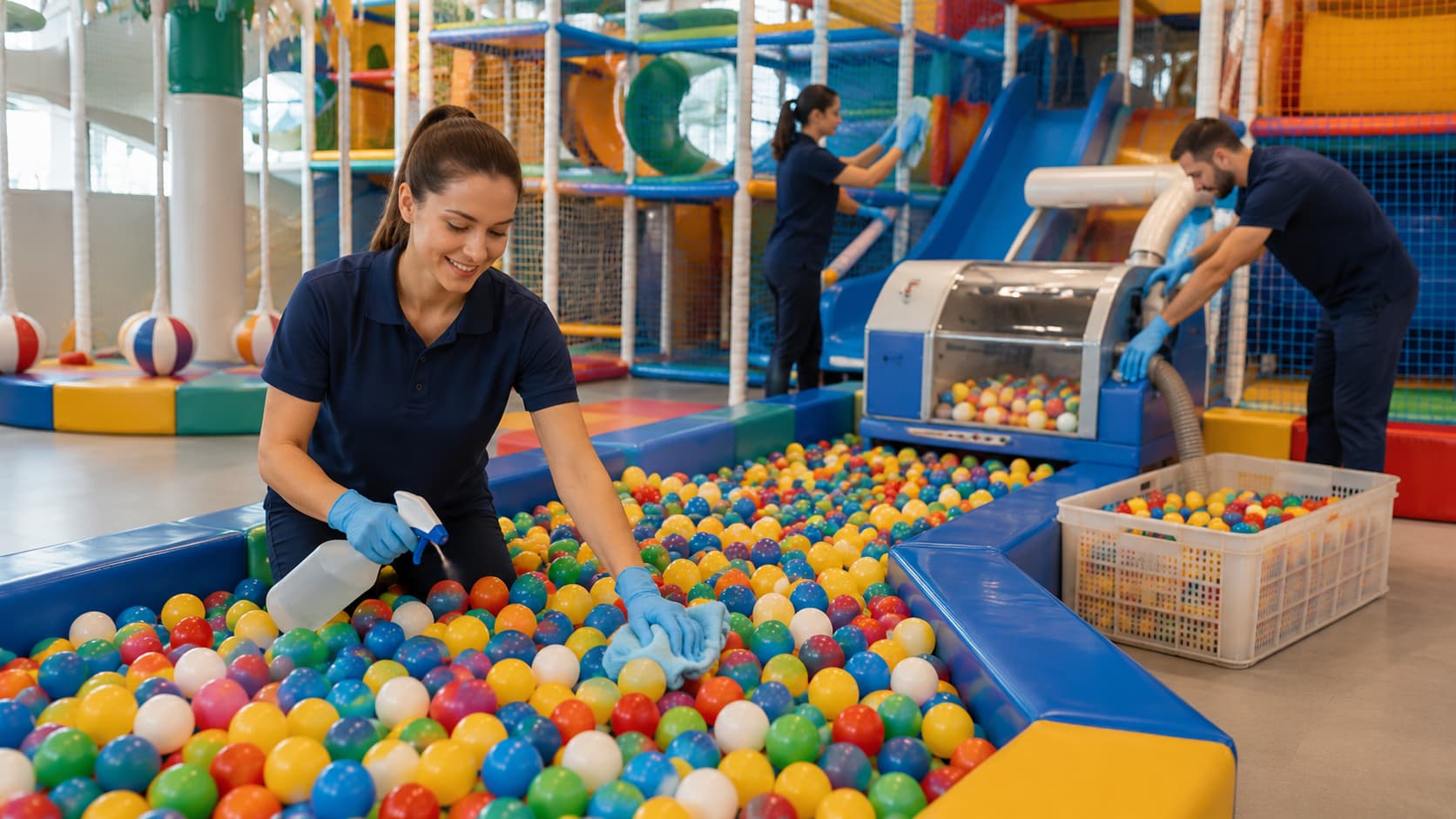 Ball pit cleaning and sanitizing for commercial indoor playgrounds