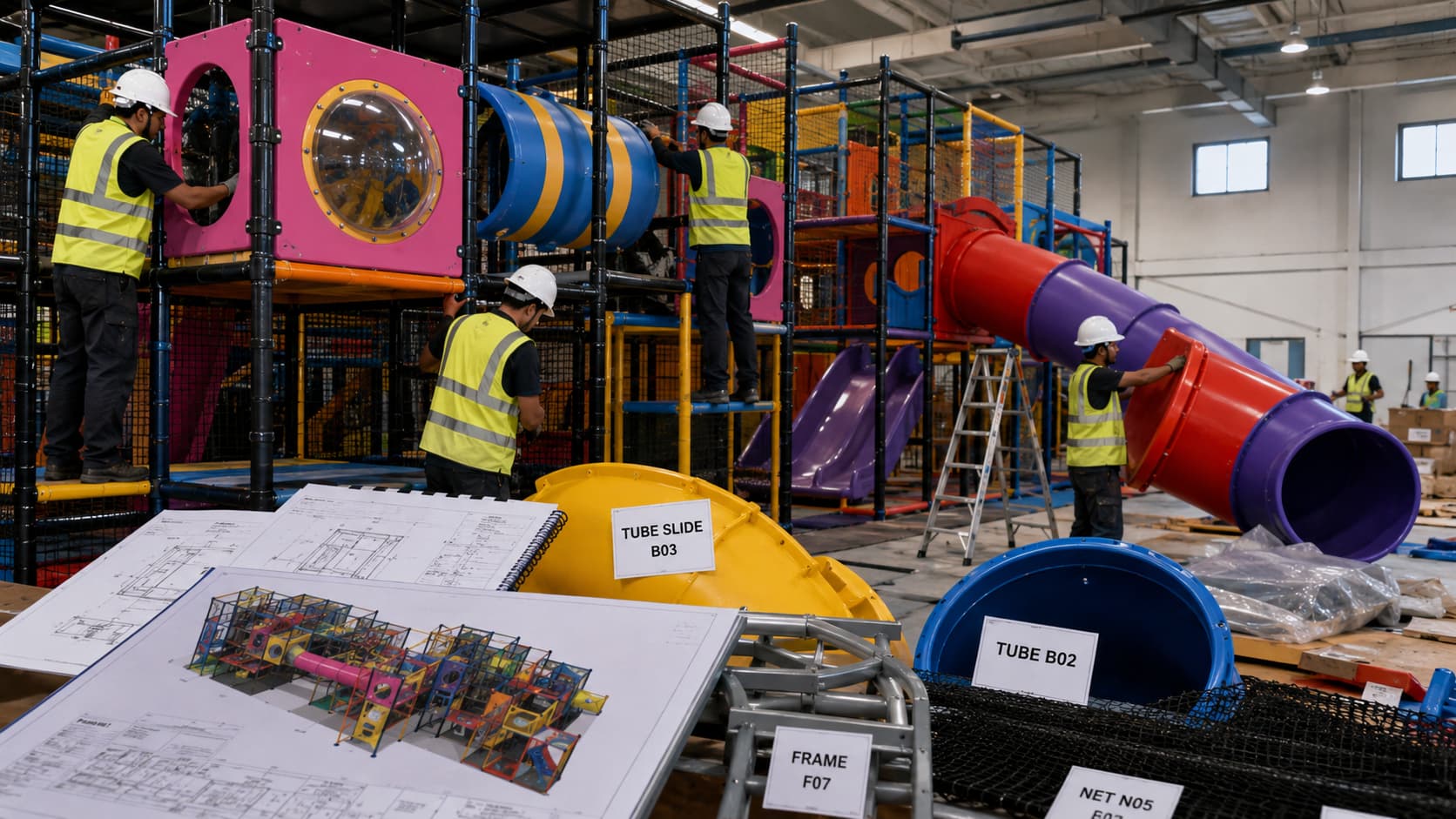 Commercial indoor playground installation support with labeled parts and 3D manuals