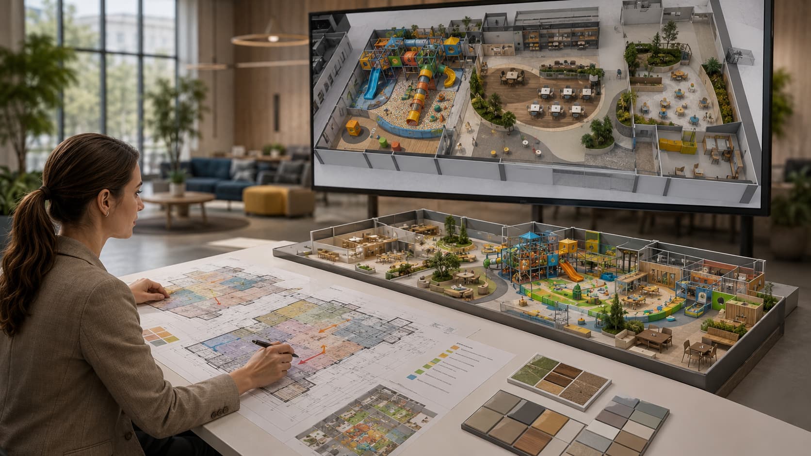 Commercial indoor playground layout planning with age zones and traffic flow