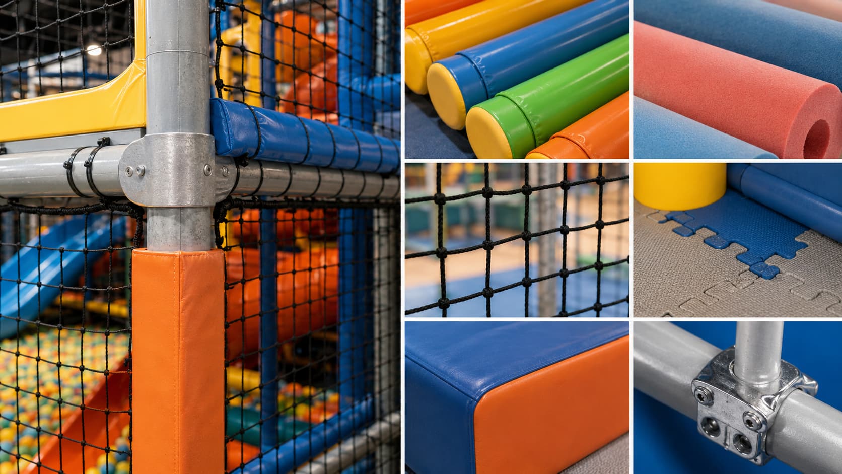 Commercial indoor playground materials including steel frame PVC foam and safety netting