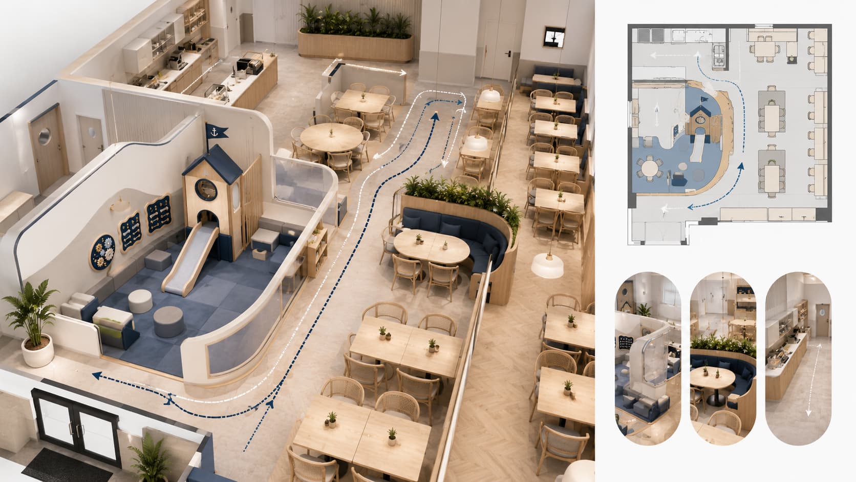 Compact restaurant and cafe play area layout with parent seating, service routes, and clear walking paths