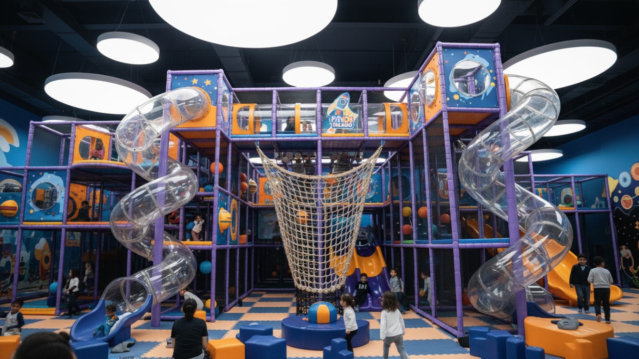 Custom indoor playground equipment with space theme slides and climbing areas