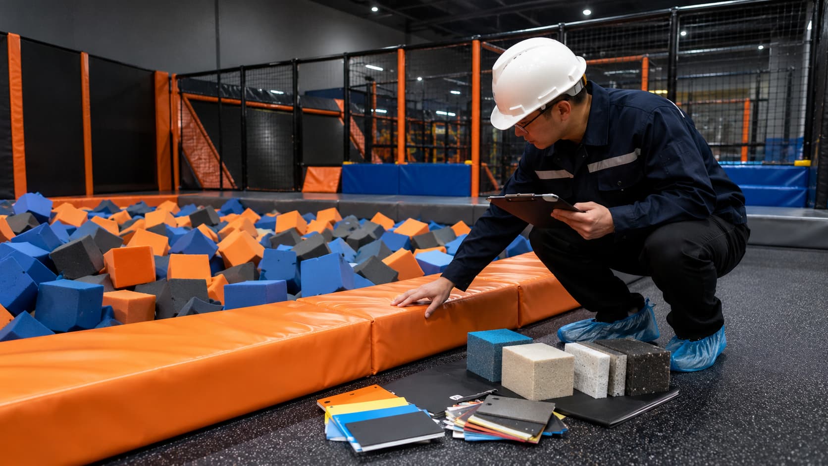 Fire retardant foam pit blocks and PVC materials for EN1176 indoor playground safety