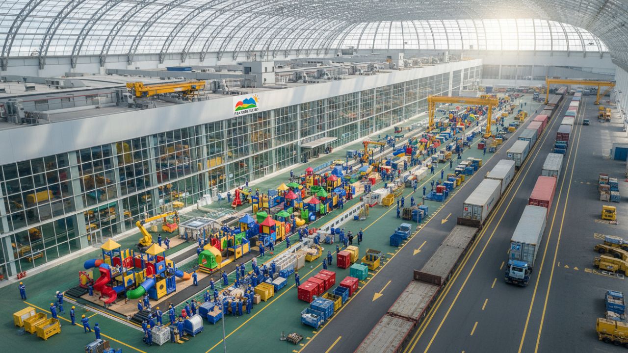 Global manufacturing facility for commercial indoor playground structures and logistics