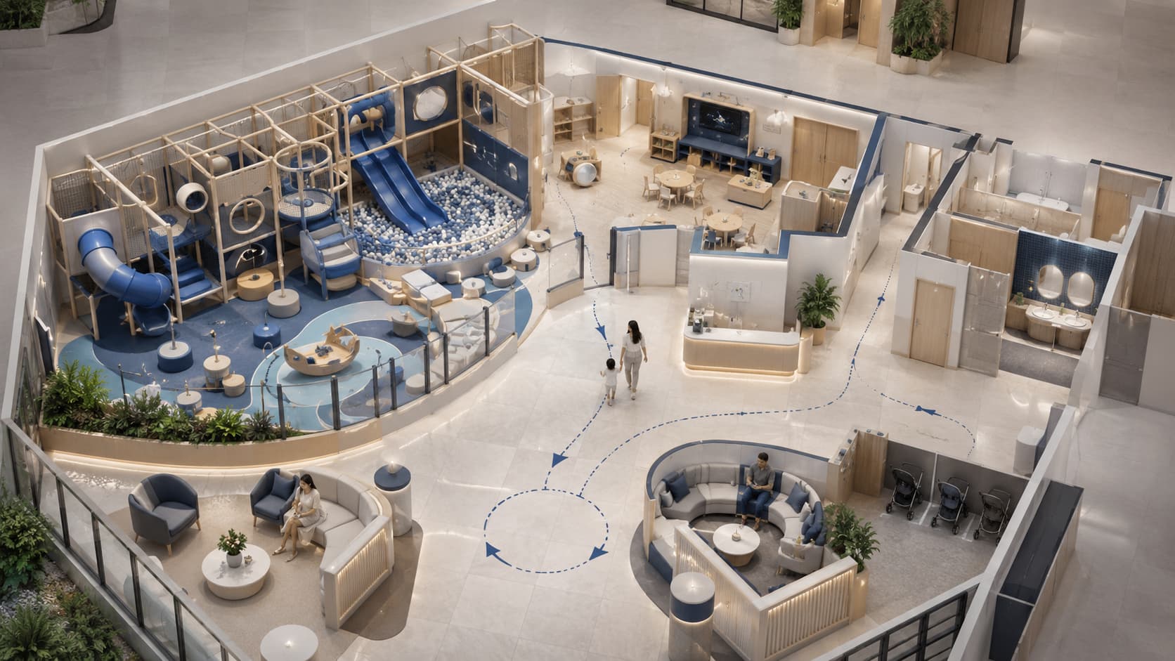 Hotel and resort indoor play area layout with kids club, parent seating, stroller storage, restroom access, and guest circulation paths