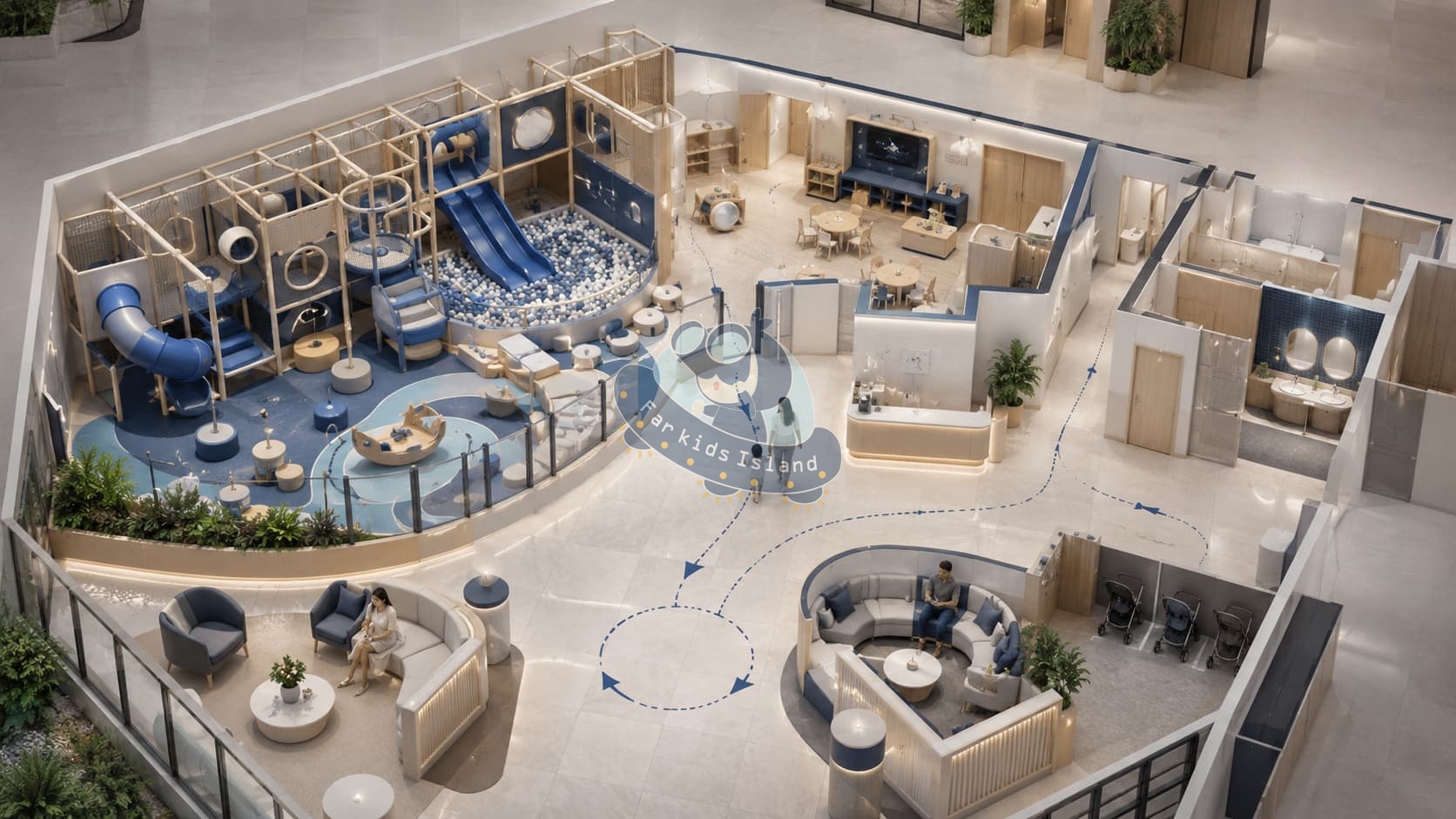 Hotel and resort indoor play area layout with kids club, parent seating, stroller storage, restroom access, and guest circulation paths