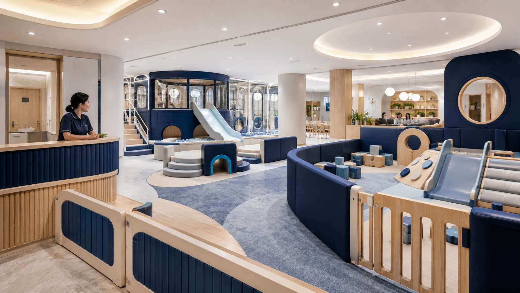 Hotel kids club indoor playground with age zoning, staff supervision, safe boundaries, and maintenance access