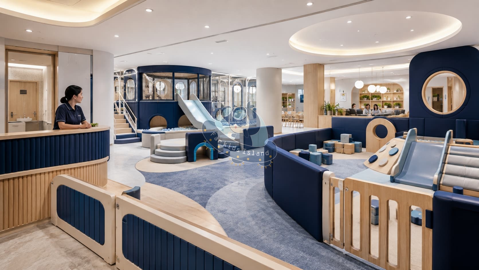 Hotel kids club indoor playground with age zoning, staff supervision, safe boundaries, and maintenance access
