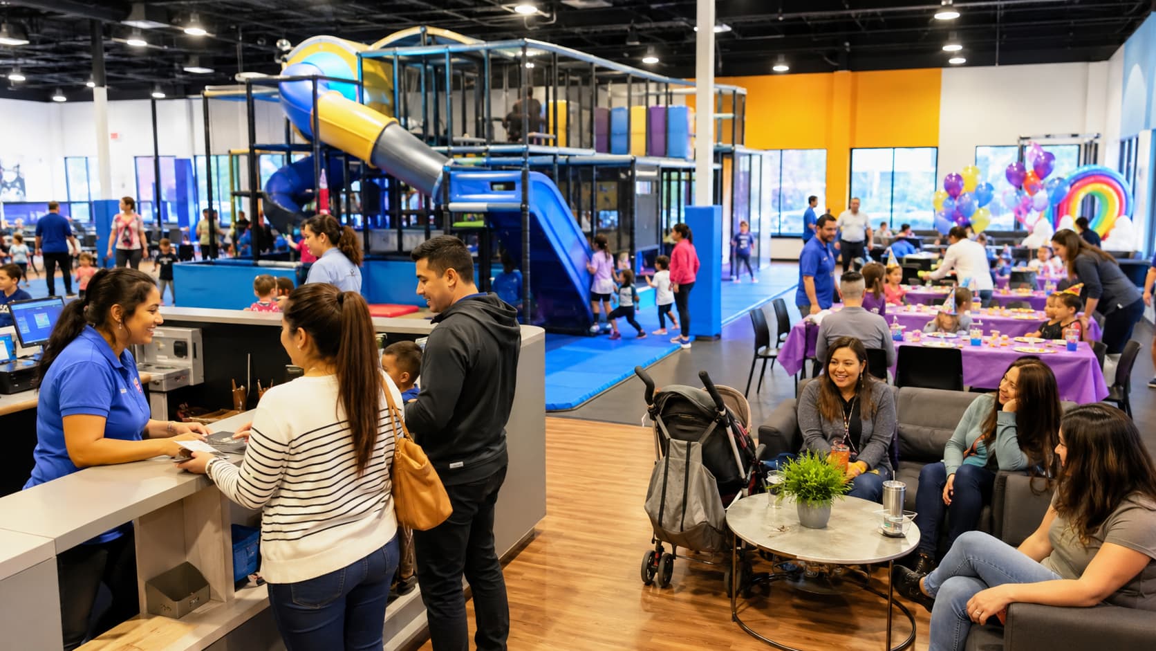 Indoor playground business operations with staff birthday parties and family customers