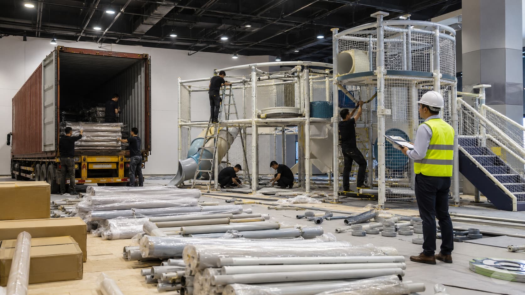 Indoor playground equipment delivery installation and safety inspection