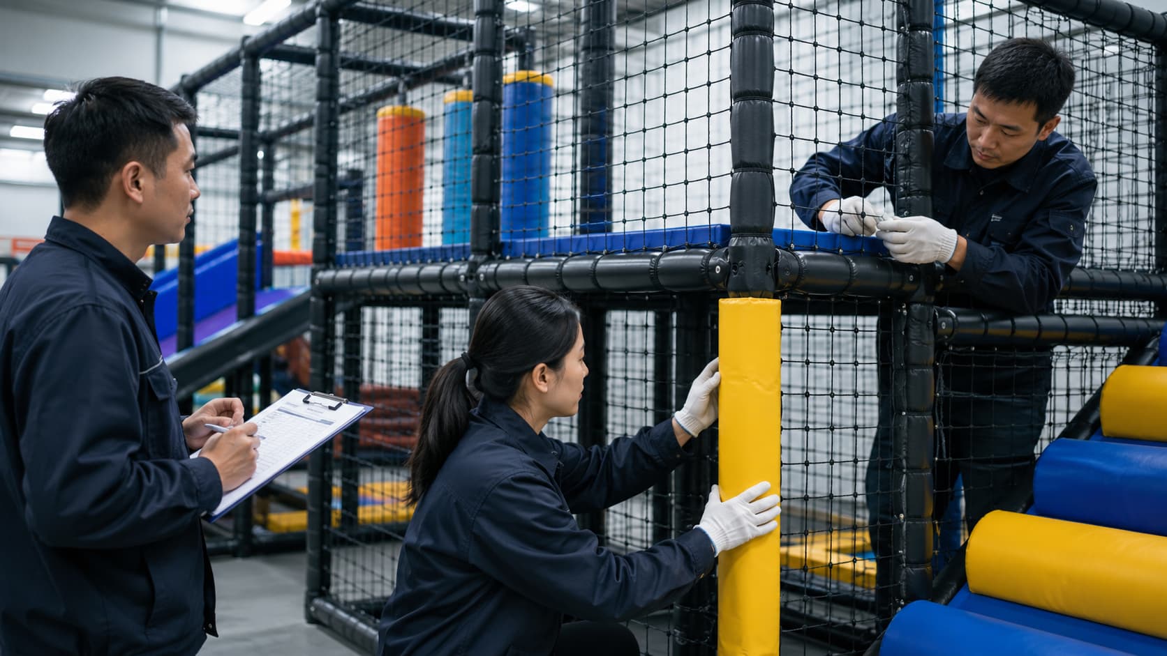 Indoor playground manufacturer quality control for steel frame padding and netting