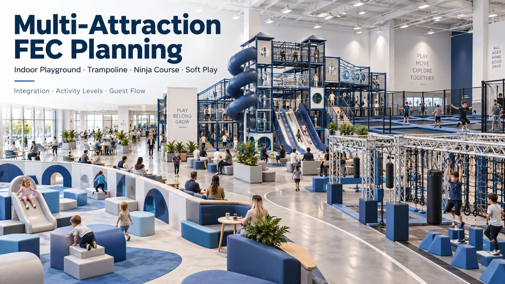 Multi-attraction FEC combining indoor playground, trampoline, ninja course and soft play zones - Far Kids Island