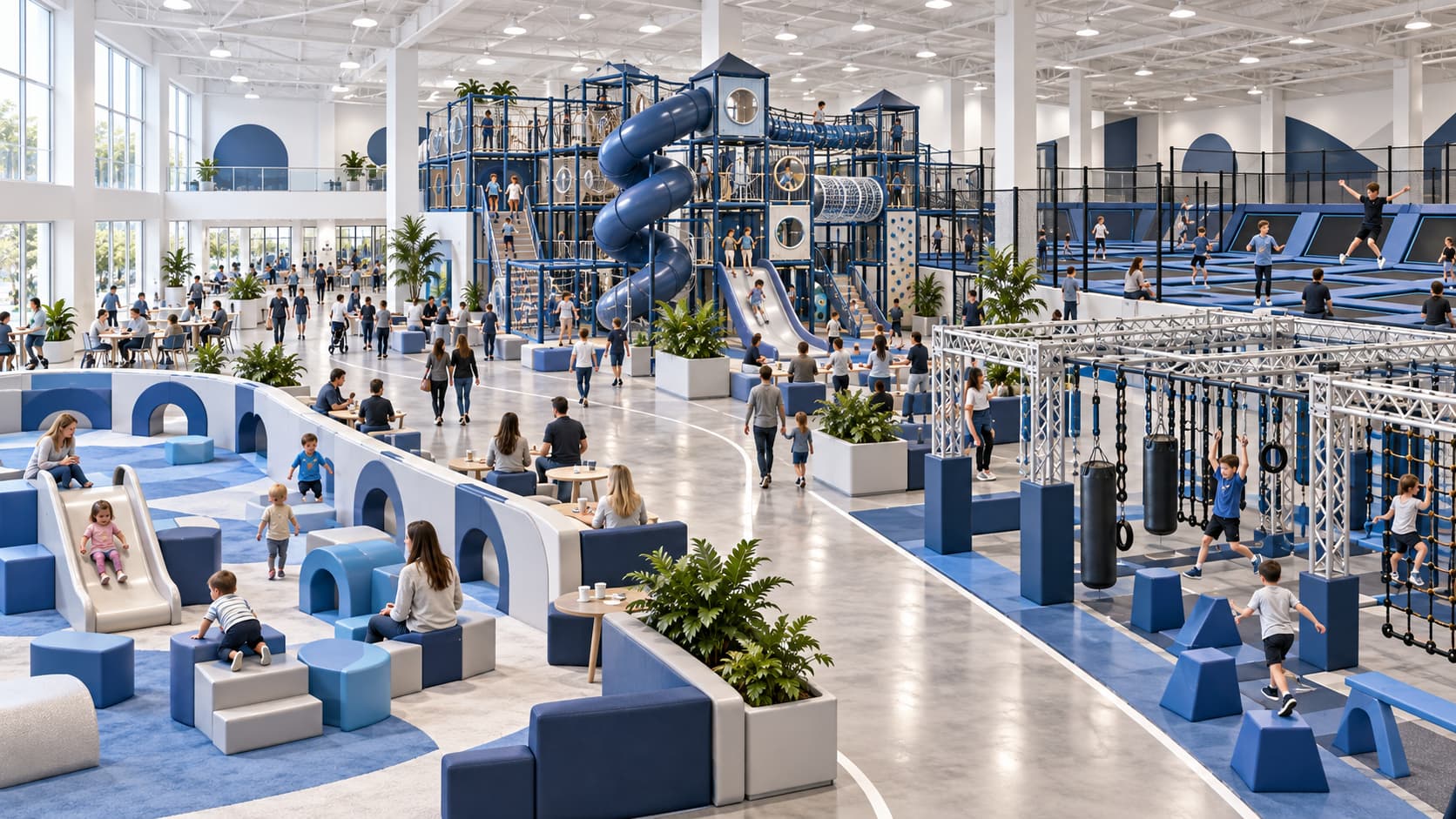 Multi-attraction FEC layout combining indoor playground, soft play, trampoline and ninja course zones