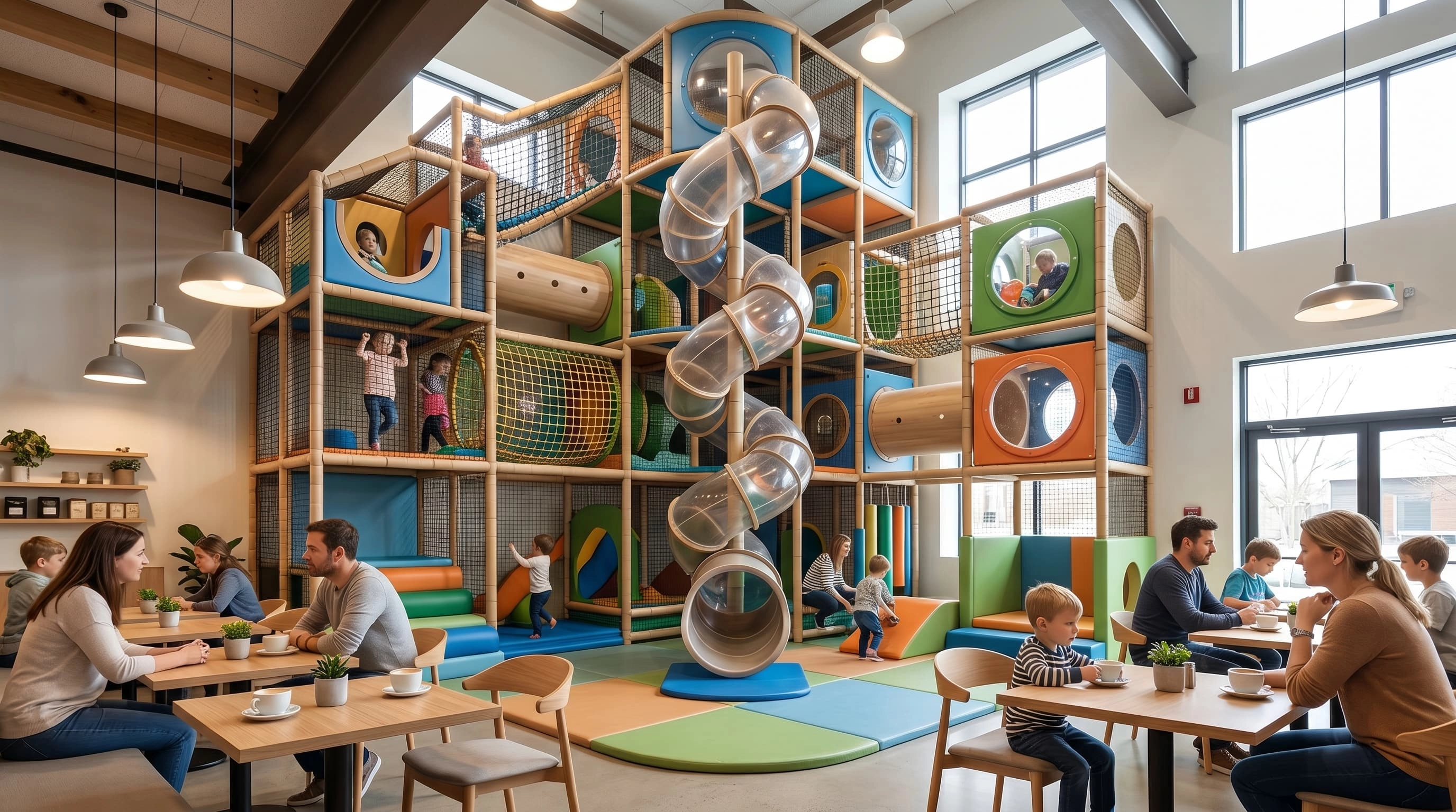 Multi-level indoor playground design maximizing vertical space in a cafe - Far Kids Island
