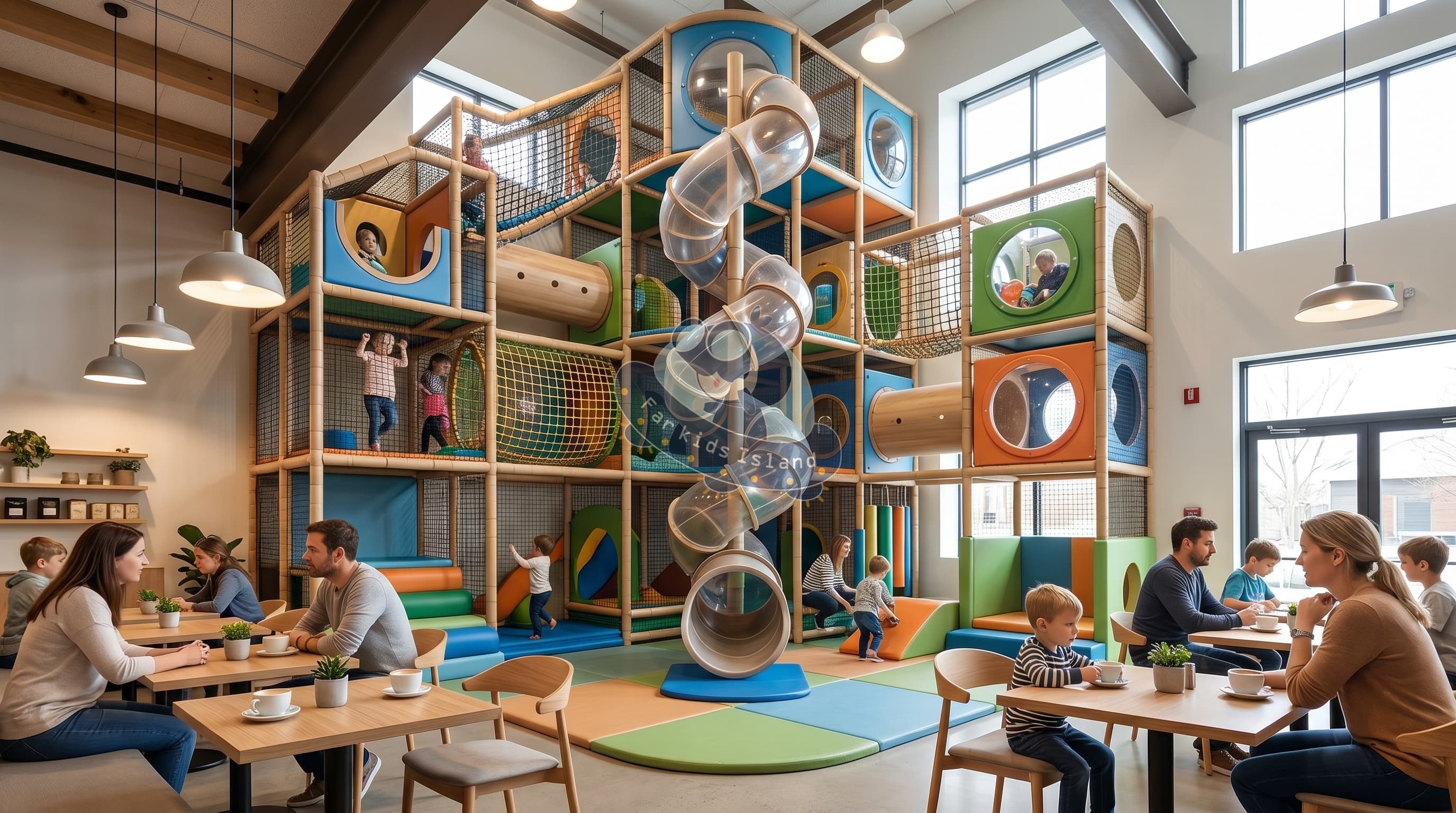 Multi-level indoor playground design maximizing vertical space in a cafe Multi-level indoor playground design maximizing vertical space in a cafe