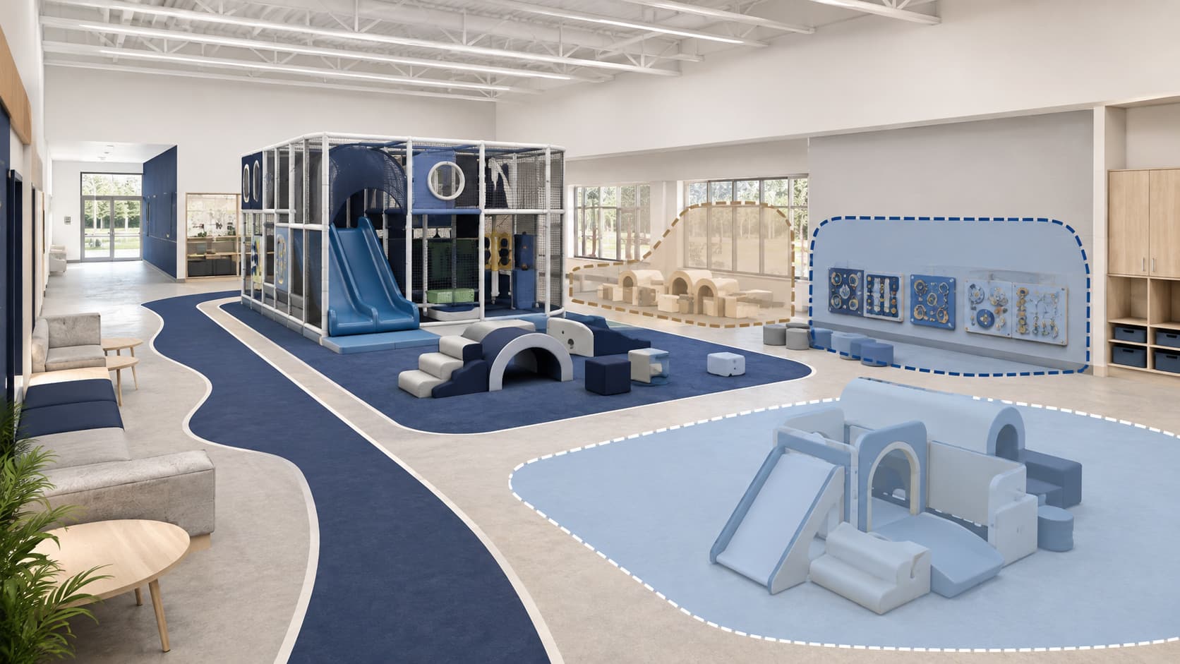 Phased community center indoor playground layout with core soft play zone, future play areas, parent seating, and storage
