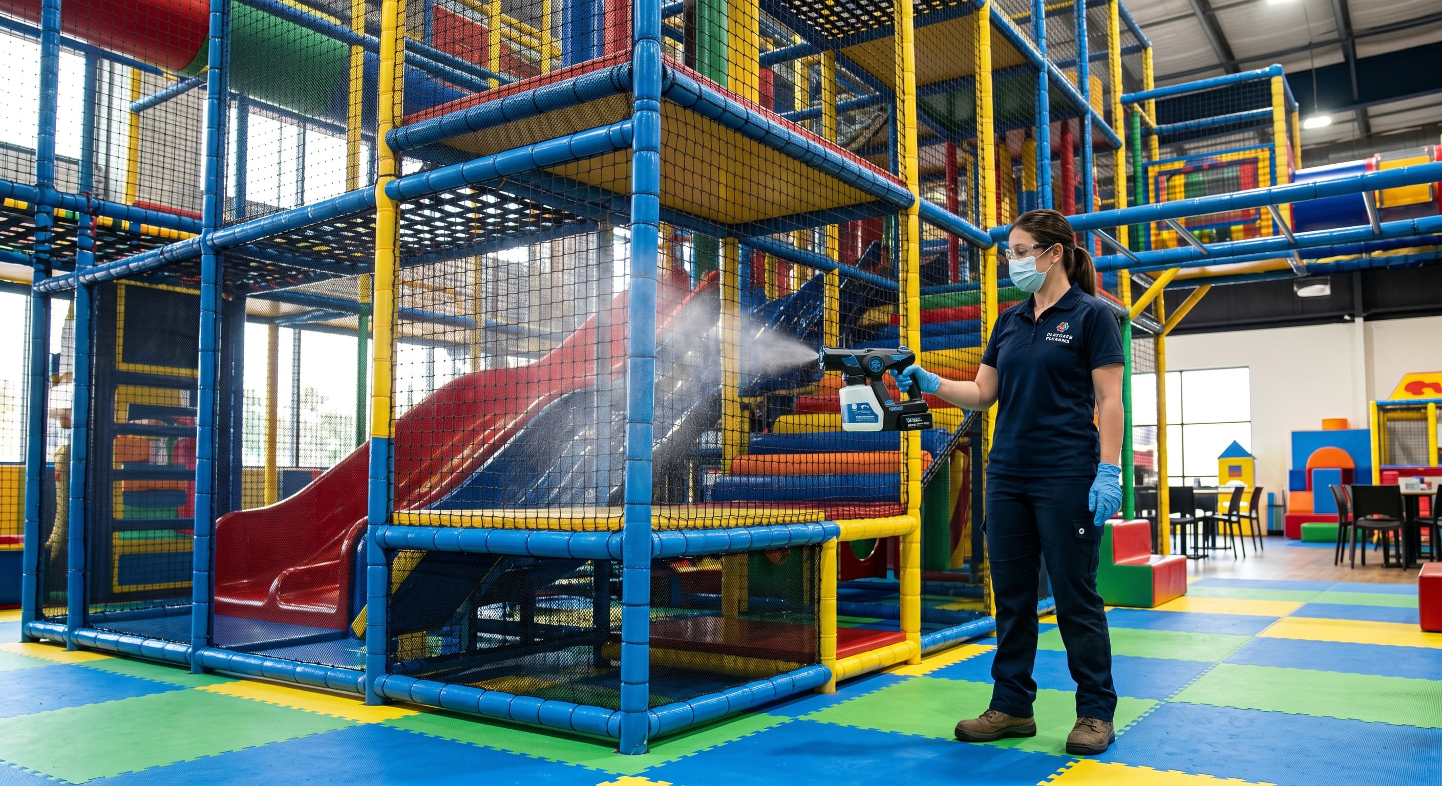 Professional commercial indoor playground maintenance using an electrostatic sprayer.