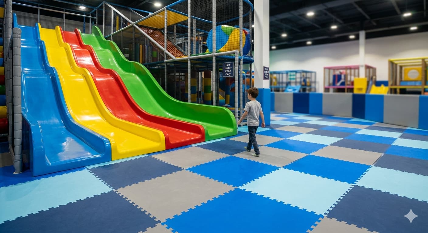 Safe placement of commercial indoor playground equipment showing clear exit zones
