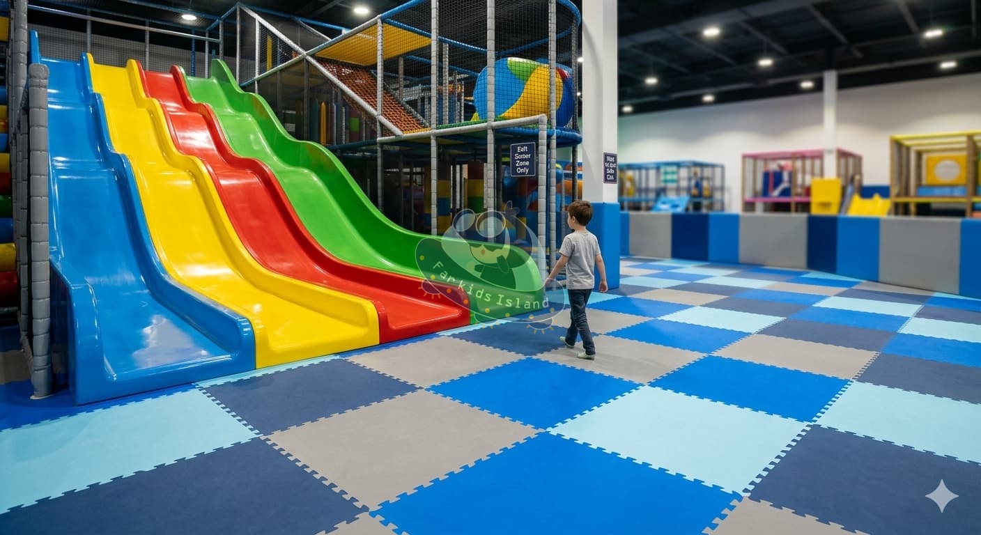 Safe placement of commercial indoor playground equipment showing clear exit zones Safe placement of commercial indoor playground equipment showing clear exit zones