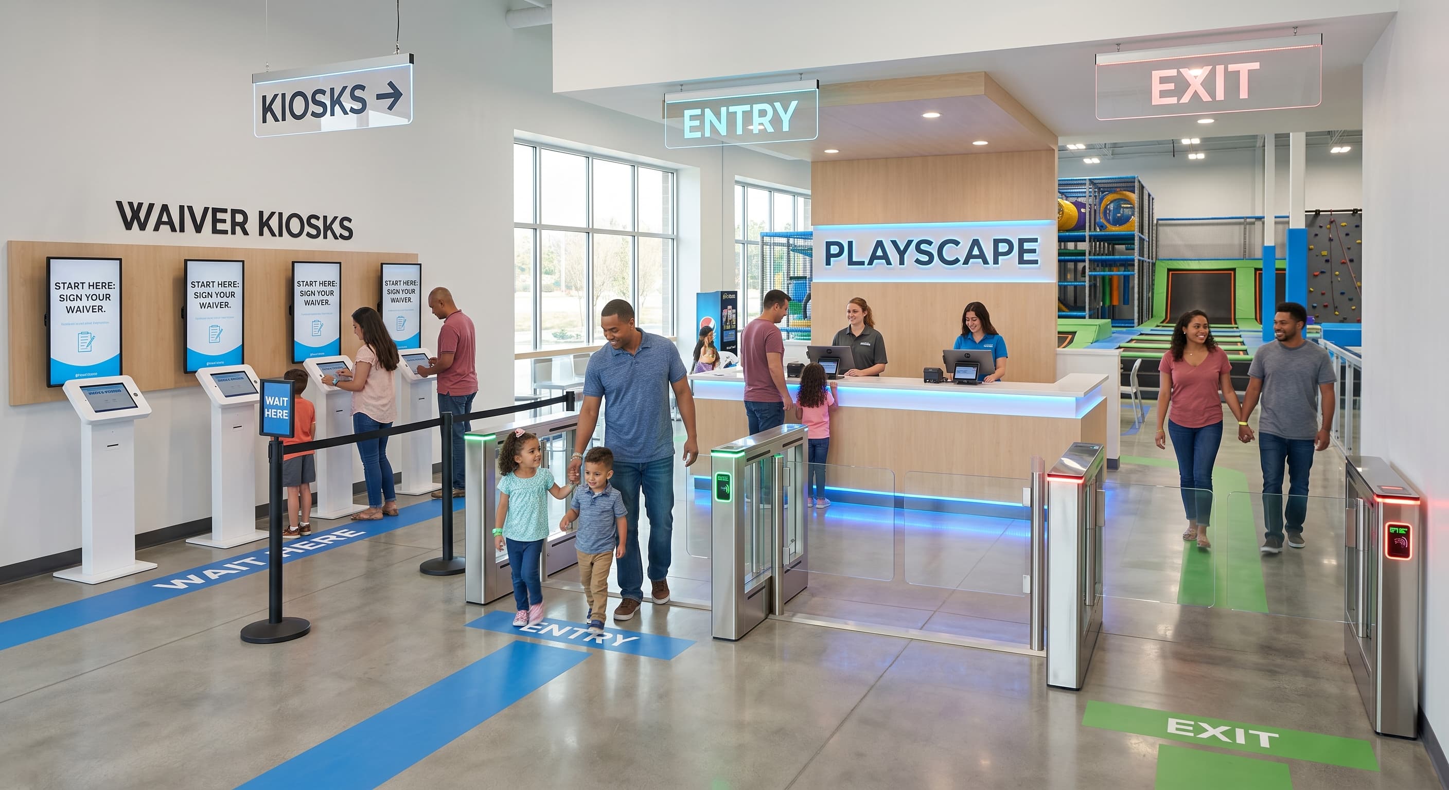 Smart entry layout design for an indoor playground to prevent front desk congestion