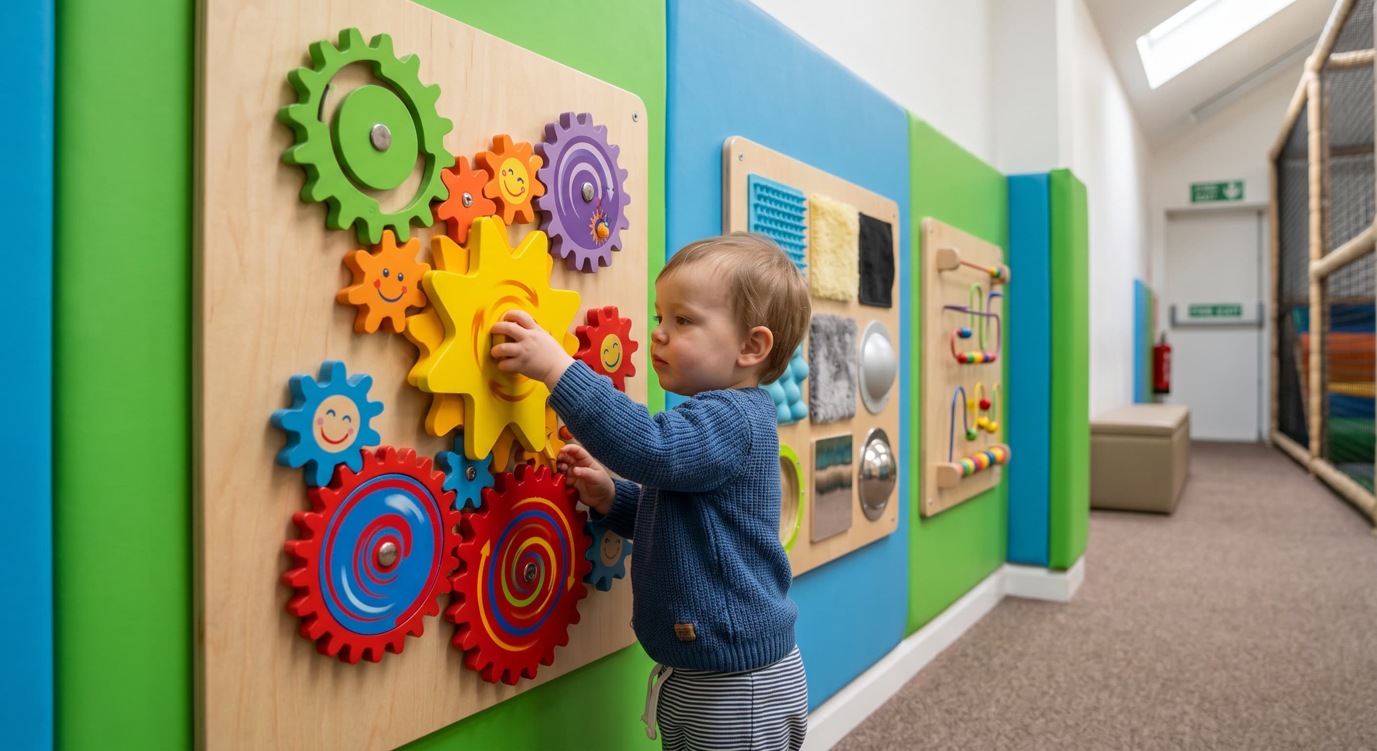 Wall-mounted indoor play panels providing zero-footprint entertainment