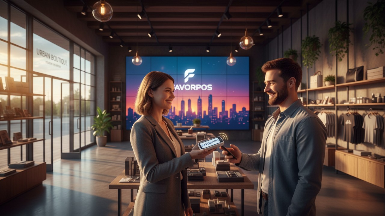 A business owner using a mobile FAVORPOS device in a successful modern retail environment.